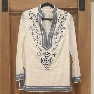 Tory Burch White and Blue Embroidered Tunic